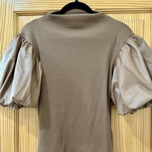 Brown/tan top with faux leather puff sleeve